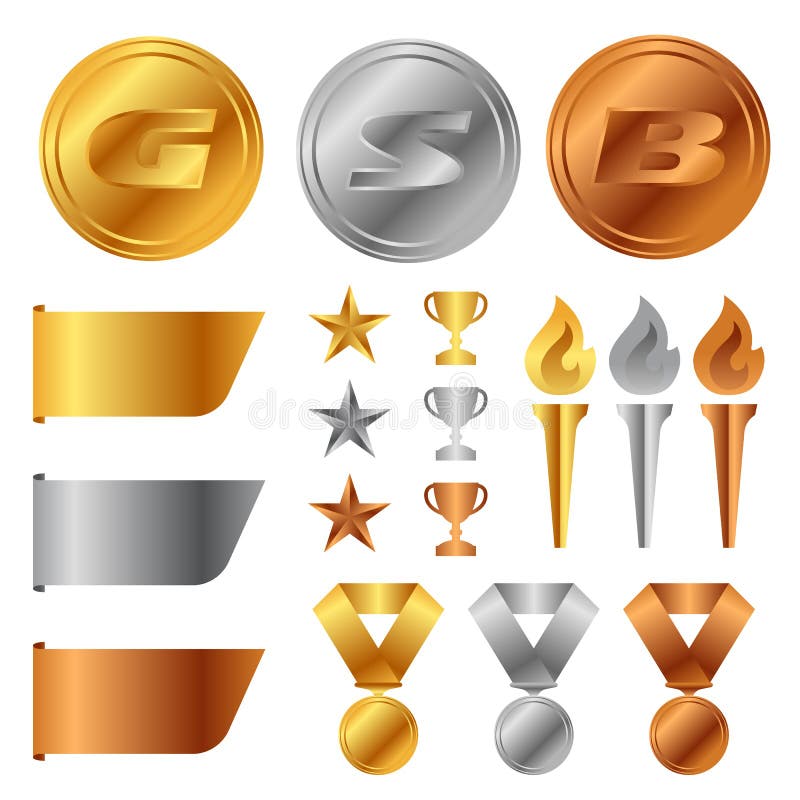 As medalhas de bronze do ouro, o copo do troféu, a concessão do começo e a tocha e a bandeira de prata da etiqueta vector a cenog