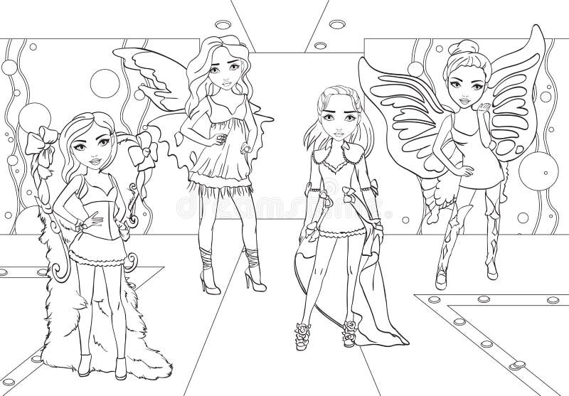 As meninas colorindo fazem o desfile de moda na pista de decolagem ilustração stock As meninas colorindo fazem o desfile de moda na pista de decolagem ilustração stock