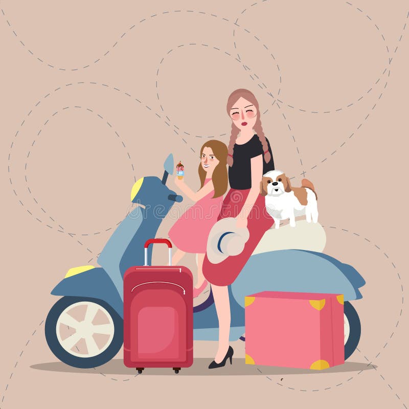 As meninas mamã e crianças que montam o 'trotinette' trazem o turista do saco ilustração do vetor As meninas mamã e crianças que montam o 'trotinette' trazem o turista do saco ilustração do vetor