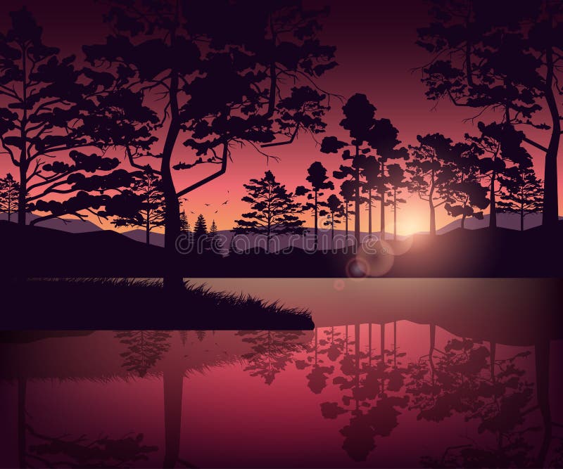 As montanhas e o lago ajardinam com a silhueta das árvores no alvorecer ou no por do sol ilustração do vetor As montanhas e o lago ajardinam com a silhueta das árvores no alvorecer ou no por do sol ilustração do vetor