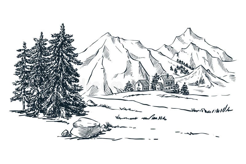 As montanhas, o abeto vermelho e os pinheiros ajardinam, ilustração do esboço do vetor Montes e floresta tirados mão do inverno ilustração royalty free As montanhas, o abeto vermelho e os pinheiros ajardinam, ilustração do esboço do vetor Montes e floresta tirados mão do inverno ilustração royalty free