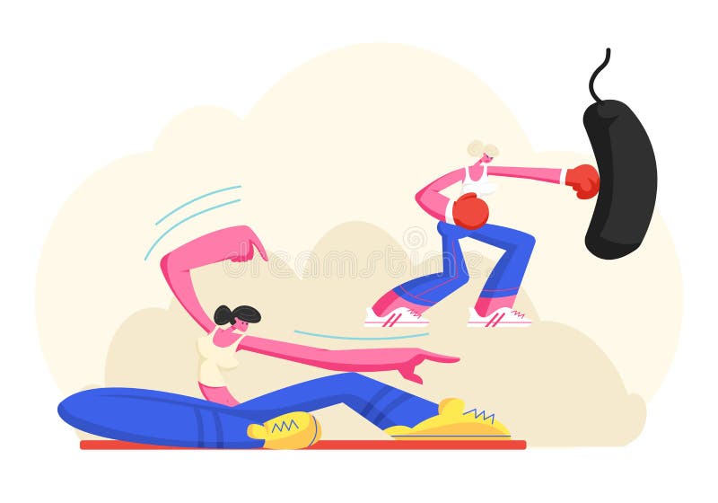 As mo?as nos esportes vestem o treinamento no Gym, car?teres f?meas que esticam o corpo na classe de Pilates e no saco de perfura ilustração royalty free As mo?as nos esportes vestem o treinamento no Gym, car?teres f?meas que esticam o corpo na classe de Pilates e no saco de perfura ilustração royalty free
