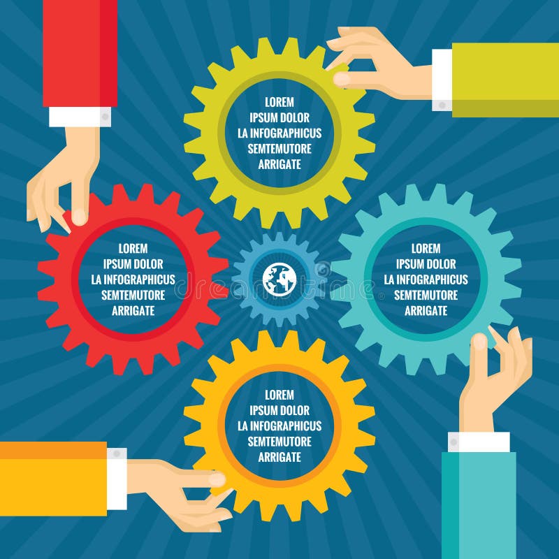 As mãos humanas com engrenagens coloridas - conceito infographic do negócio - vector a ilustração do conceito no projeto liso do ilustração stock As mãos humanas com engrenagens coloridas - conceito infographic do negócio - vector a ilustração do conceito no projeto liso do ilustração stock