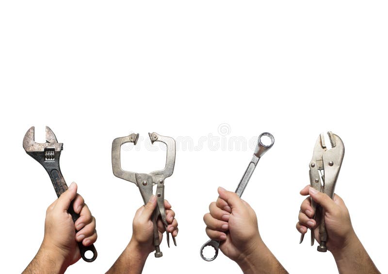 As mãos muitas do mecânico que guarda instrumentos, ferramentas isolaram o imagem de stock As mãos muitas do mecânico que guarda instrumentos, ferramentas isolaram o imagem de stock