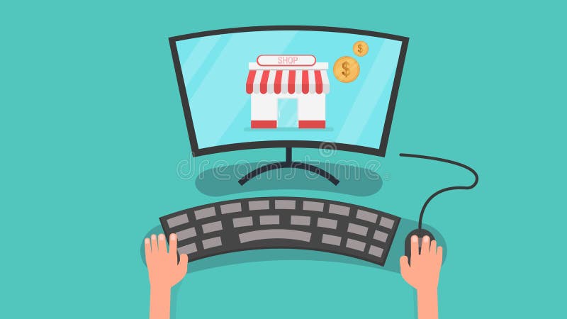 As mãos usando o computador com loja e as moedas vector a ilustração computador pessoal e conceito em linha de compra ilustração do vetor As mãos usando o computador com loja e as moedas vector a ilustração computador pessoal e conceito em linha de compra ilustração do vetor