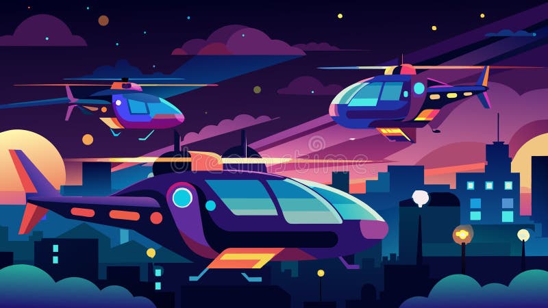 As night falls the air taxi fleet lights up the sky with their vibrant colors creating a mesmerizing display of stock illustration