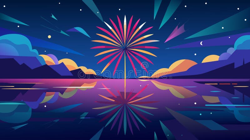 As the night sky is illuminated with the burst of fireworks the tranquil waters of the lake mirror the vibrant display creating a pictureperfect. Vector illustration AI generated
