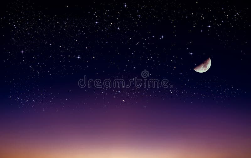 Uma vista noturna, com lua crescente, estrelas brancas brilhantes no céu, crepúsculo na linha do horizonte distante ilustração royalty free