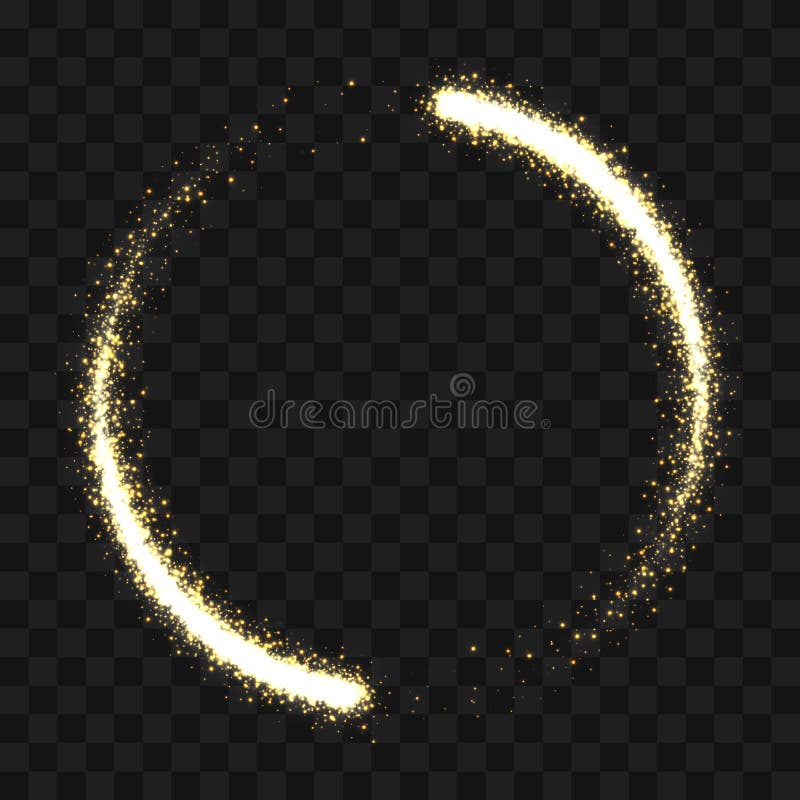 Gold sparkling glitter circle of light particles swirl. Vector circle of golden glittering star light trail and shine glow on transparent background. Gold sparkling glitter circle of light particles swirl. Vector circle of golden glittering star light trail and shine glow on transparent background