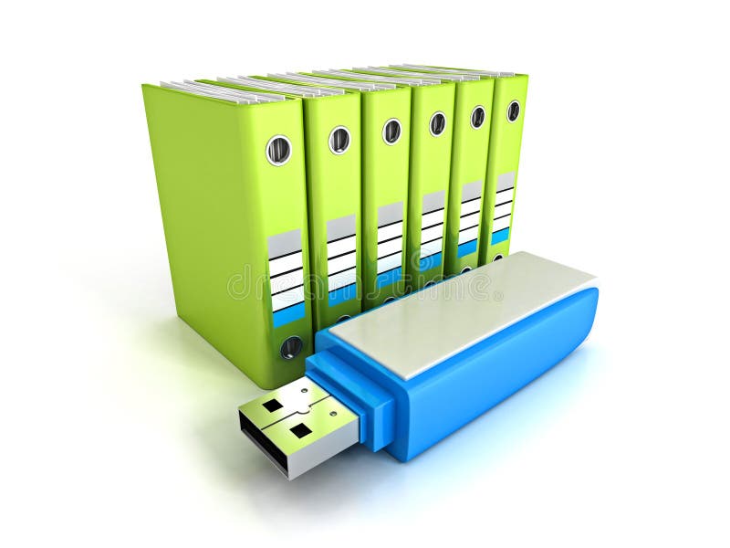 Green office ring binders with blue usb flash drive. saving data concept 3d render illustration. Green office ring binders with blue usb flash drive. saving data concept 3d render illustration