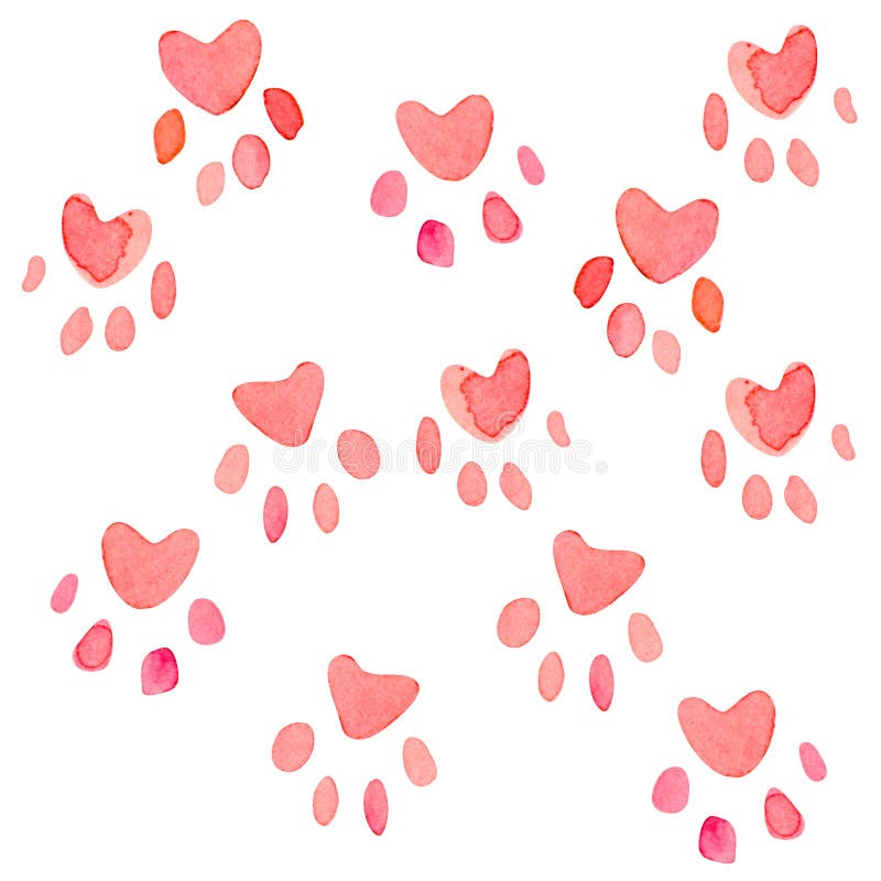 Seamless heart paws traces pattern, watercolor with clipping mask technique. Seamless heart paws traces pattern, watercolor with clipping mask technique.
