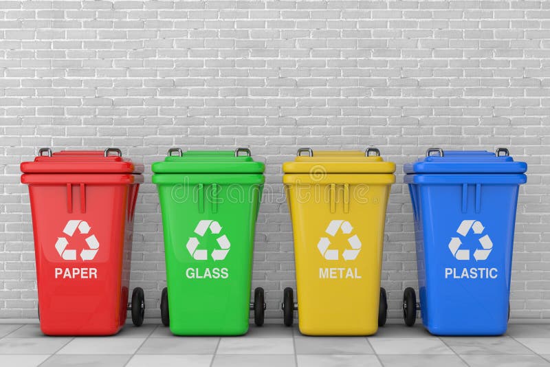 As reciclagens vermelhas, verdes, amarelas e azuis com reciclam o símbolo rendição 3d ilustração royalty free As reciclagens vermelhas, verdes, amarelas e azuis com reciclam o símbolo rendição 3d ilustração royalty free