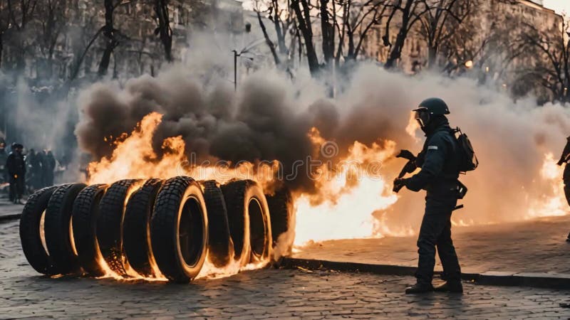 As ruas de kiev no incêndio manifestantes jogam pedras e incendiam