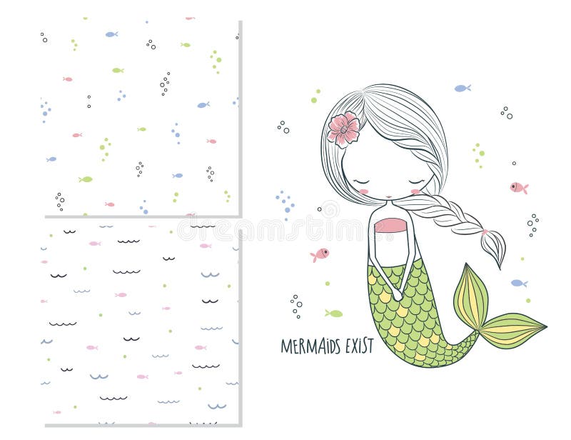 As sereias existem o projeto de superfície para crianças e 2 testes padrões sem emenda ilustração do vetor As sereias existem o projeto de superfície para crianças e 2 testes padrões sem emenda ilustração do vetor