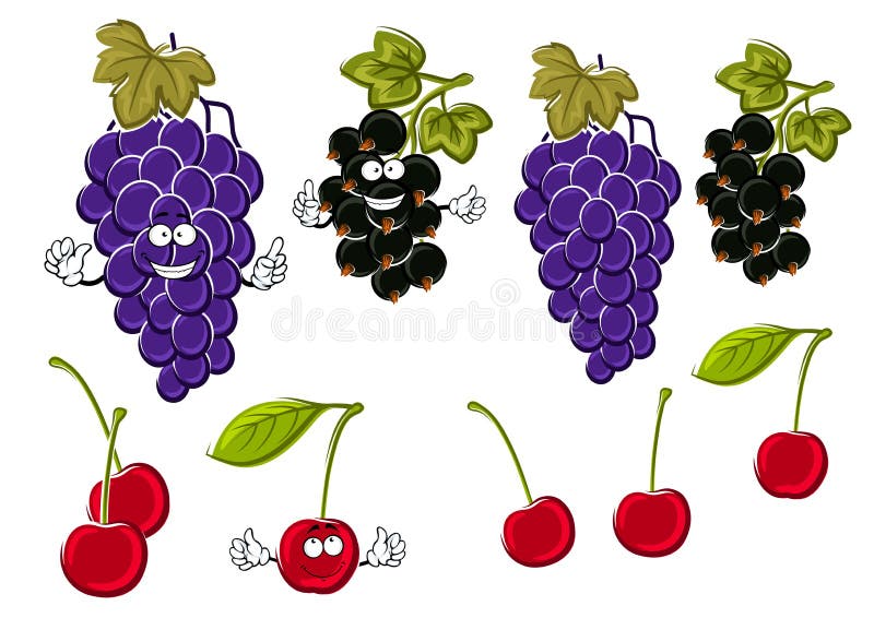 As uvas dos desenhos animados, cerejas, corintos pretos frutificam ilustração stock As uvas dos desenhos animados, cerejas, corintos pretos frutificam ilustração stock
