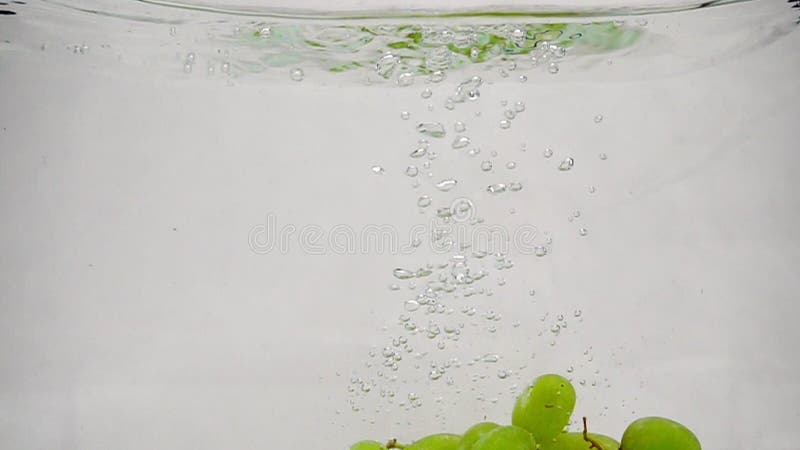 As uvas verdes maduras caem na água pura com bolhas Bagas da uva no fundo branco no movimento lento