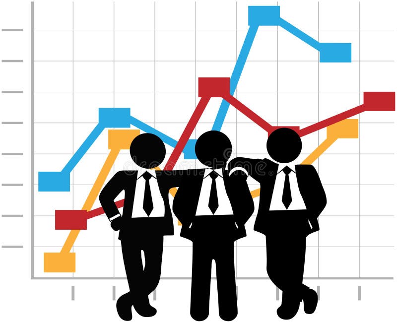 Three man team of sales people stand in front of a business profit growth success chart. Three man team of sales people stand in front of a business profit growth success chart