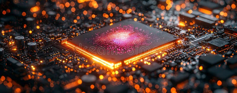 As a wide banner, we present a high tech video of powerful computer components, including a microchip, a CPU, or a GPU royalty free illustration