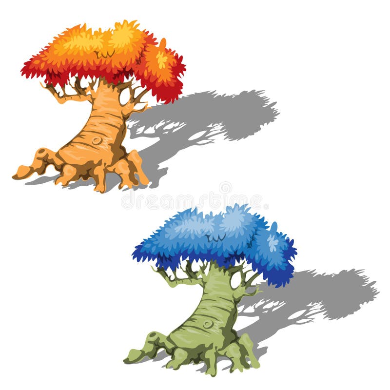 As árvores velhas da fantasia com umas coroas da árvore azul e alaranjada isoladas no fundo branco Close-up dos desenhos animados ilustração do vetor As árvores velhas da fantasia com umas coroas da árvore azul e alaranjada isoladas no fundo branco Close-up dos desenhos animados ilustração do vetor