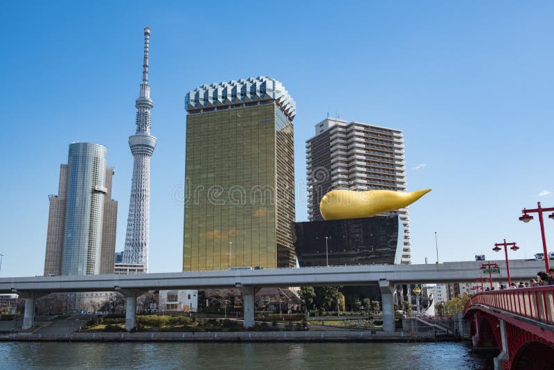 Asakusa skyline with Tokyo Sky Tree and Asahi super dry building and Sumida River at daytime royalty free stock photos Asakusa skyline with Tokyo Sky Tree and Asahi super dry building and Sumida River at daytime royalty free stock photos