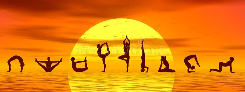 Asanas da ioga pelo por do sol - 3D rendem ilustração stock Asanas da ioga pelo por do sol - 3D rendem ilustração stock