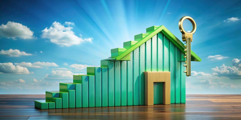 A creative composition featuring ascending home value a green house shaped graph shows growth and opportunity with a golden key. Generative AI. Key generative illustrations