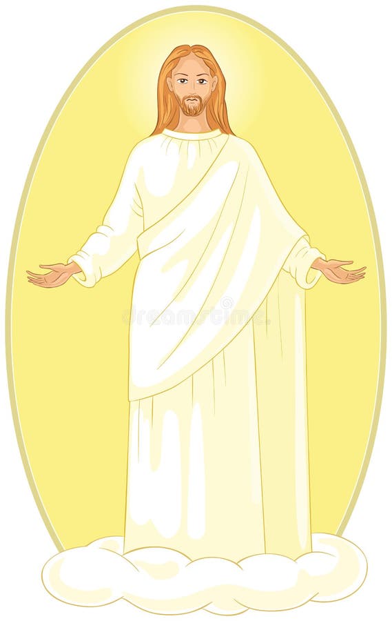 ascension jesus christ white robes standing cloud arms open vector illustration risen 96602322