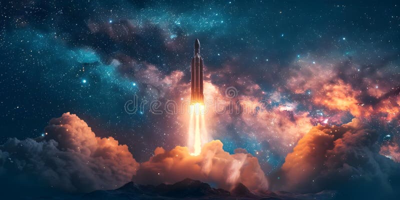 Ascensiune rapidă : lansări de rachete speranțe în celest necunoscut. misiunea de explorare spațială a conceptului stock illustration