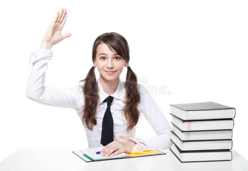 Ascensão da menina da escola uma mão fotos de stock royalty free Ascensão da menina da escola uma mão fotos de stock royalty free