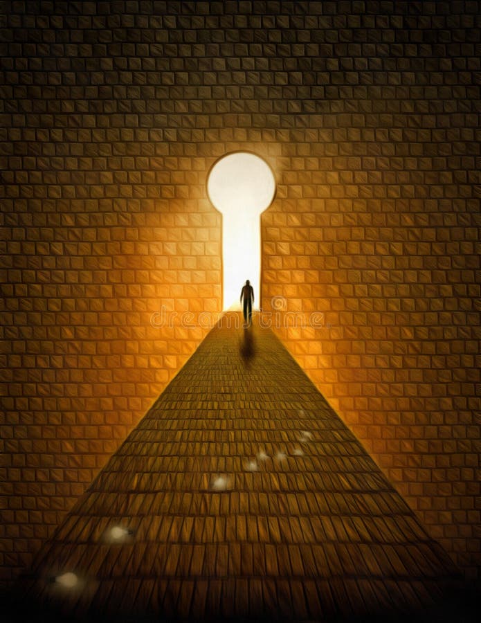 Surreal digital art. Man walks on a stones road to Heaven. Doorway in a shape of keyhole. Light bulbs symbolizes ideas. Surreal digital art. Man walks on a stones road to Heaven. Doorway in a shape of keyhole. Light bulbs symbolizes ideas.