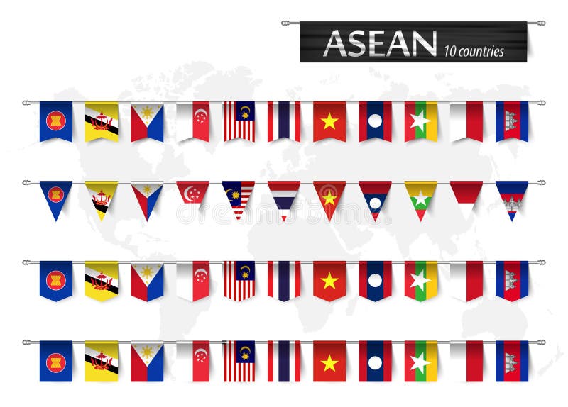 ASEAN Association of Southeast Asian Nations and various shape nation flag of country membership hanged on pole and world map