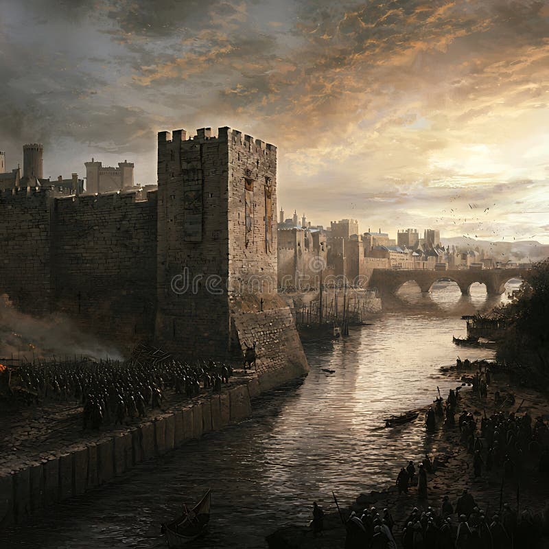 Asediul orașului medieval la apusul fortificației istorice sub atac stock illustration