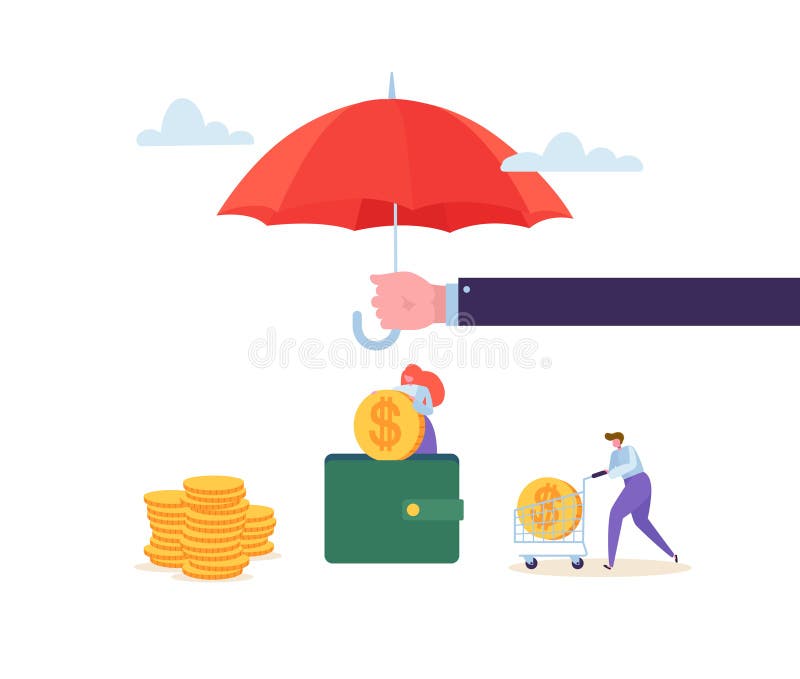 Asekuracyjnego agenta mienia parasol Nad pieniędzy oszczędzań ochrony Pieniężnym pojęciem z charakterami Zbiera Złote monety ilustracji Asekuracyjnego agenta mienia parasol Nad pieniędzy oszczędzań ochrony Pieniężnym pojęciem z charakterami Zbiera Złote monety ilustracji