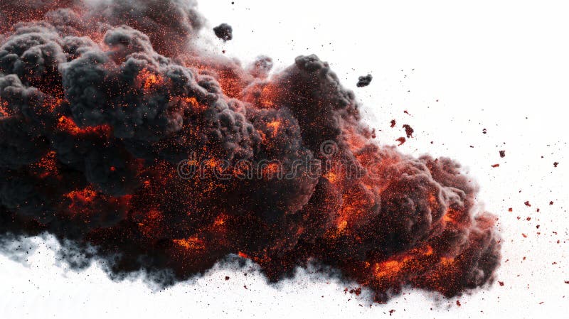 Ash cloud with floating embers minimal on white stock photography