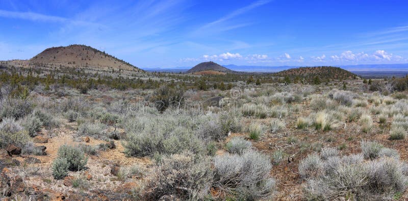 Landscape Panorama of Cinder Cones and Sagebrush Plains, Lava Beds National Monument, Northern California, USA