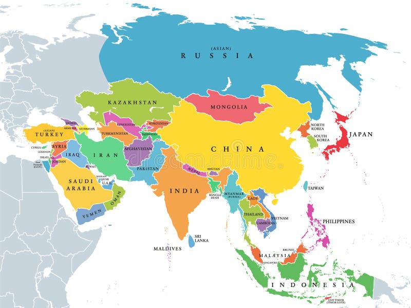 Continent Asia Political Map With Colored Single States And Countries