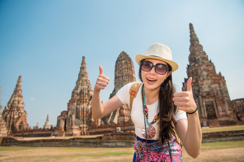 Asia student tourist girl at Wat Chaiwatthanaram