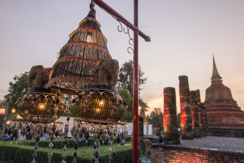 A giant Krathong at the Loy Krathong Festival in the Historical Park in Sukhothai in the Provinz Sukhothai in Thailand. Thailand, Sukhothai, November, 2018. Giant floating lantern stock images, royalty-free photos and pictures