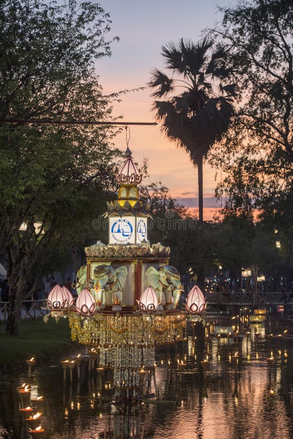 A giant Krathong at the Loy Krathong Festival in the Historical Park in Sukhothai in the Provinz Sukhothai in Thailand. Thailand, Sukhothai, November, 2018. Giant floating lantern stock images, royalty-free photos and pictures