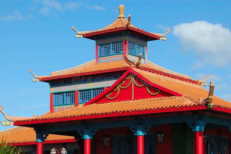 A colorful roof of a building in Asian architecture in front of blue sky background. Typical architectures stock images, royalty-free photos and pictures