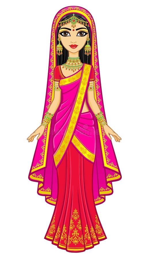 Asian beauty. Animation portrait of the young Indian girl in traditional clothes. Fairy tale princess. stock illustration Asian beauty. Animation portrait of the young Indian girl in traditional clothes. Fairy tale princess. stock illustration