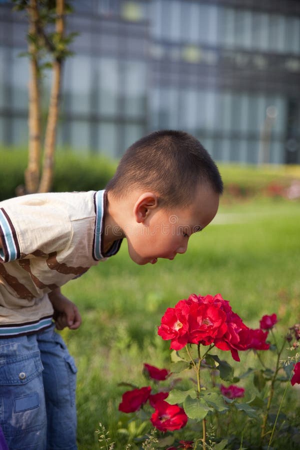 Asian boy and flowers