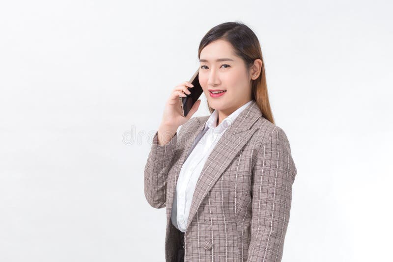 Asian Business Female in Formal Suit with White Shirt is Using Smart Phone  on White Background..in Formal Suit with White Shirt is Stock Image - Image  of caucasian, isolated: 217785793