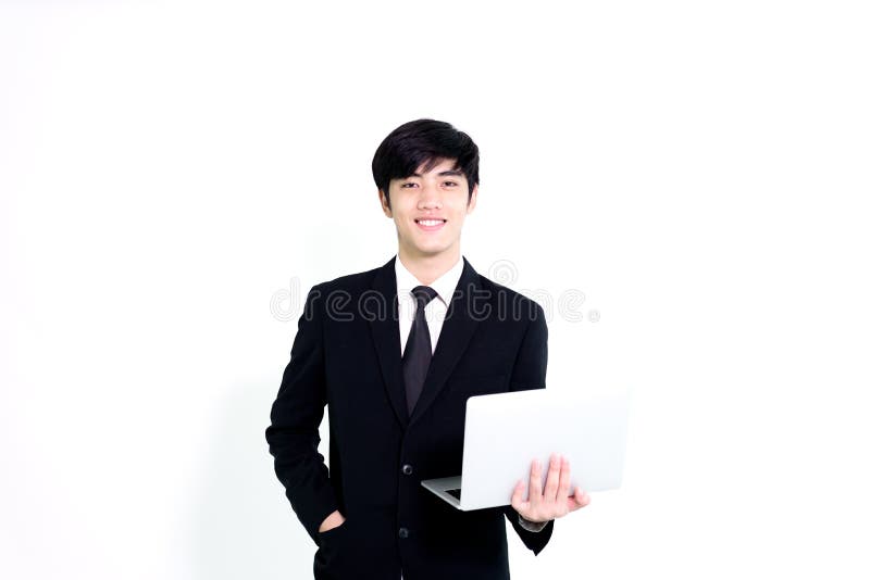 Asian business handsome man has holding laptop for woking with h