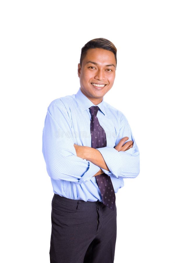Om de afaceri asiatic în tricou albastru stock photos