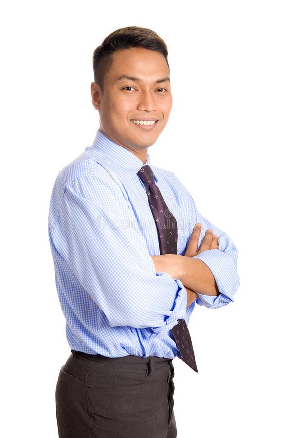 Om de afaceri asiatic în tricou albastru stock photos