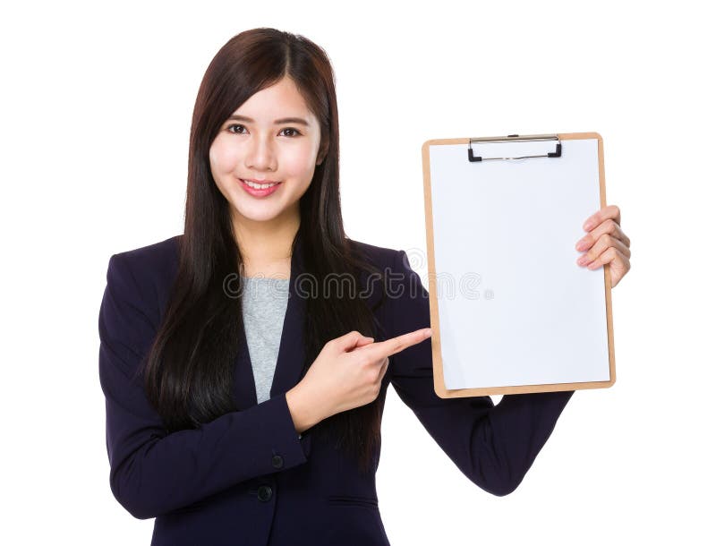 Asian businesswoman finger point to clipboard