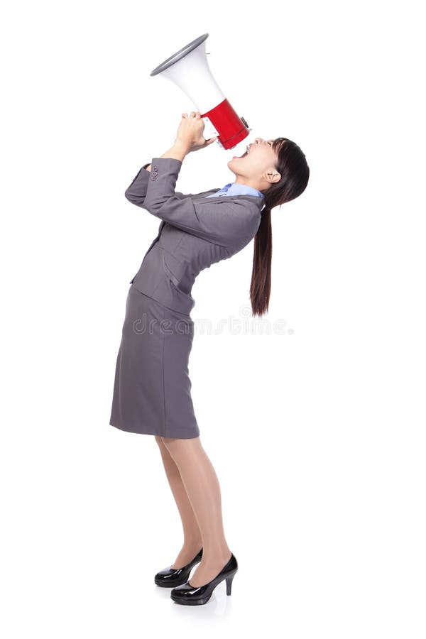 Asian businesswoman using megaphone with energetic face. Asian businesswoman using megaphone with energetic face