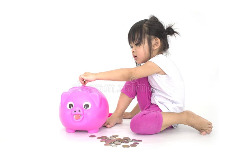 Asian children with pink piggy bank