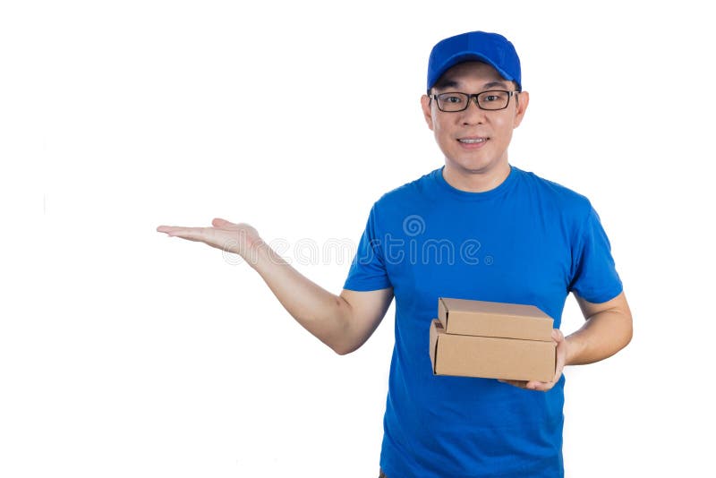 Asian Chinese Delivery Guy in Uniform with Open Palm Stock Image